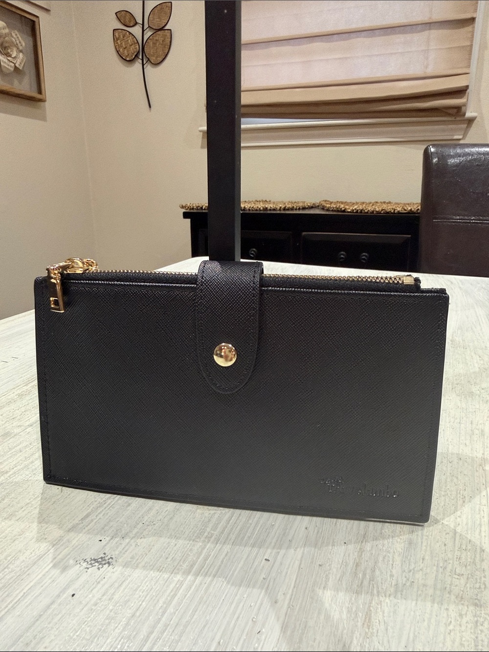 Black Saffiano Wristlet Clutch with Gold Hardware